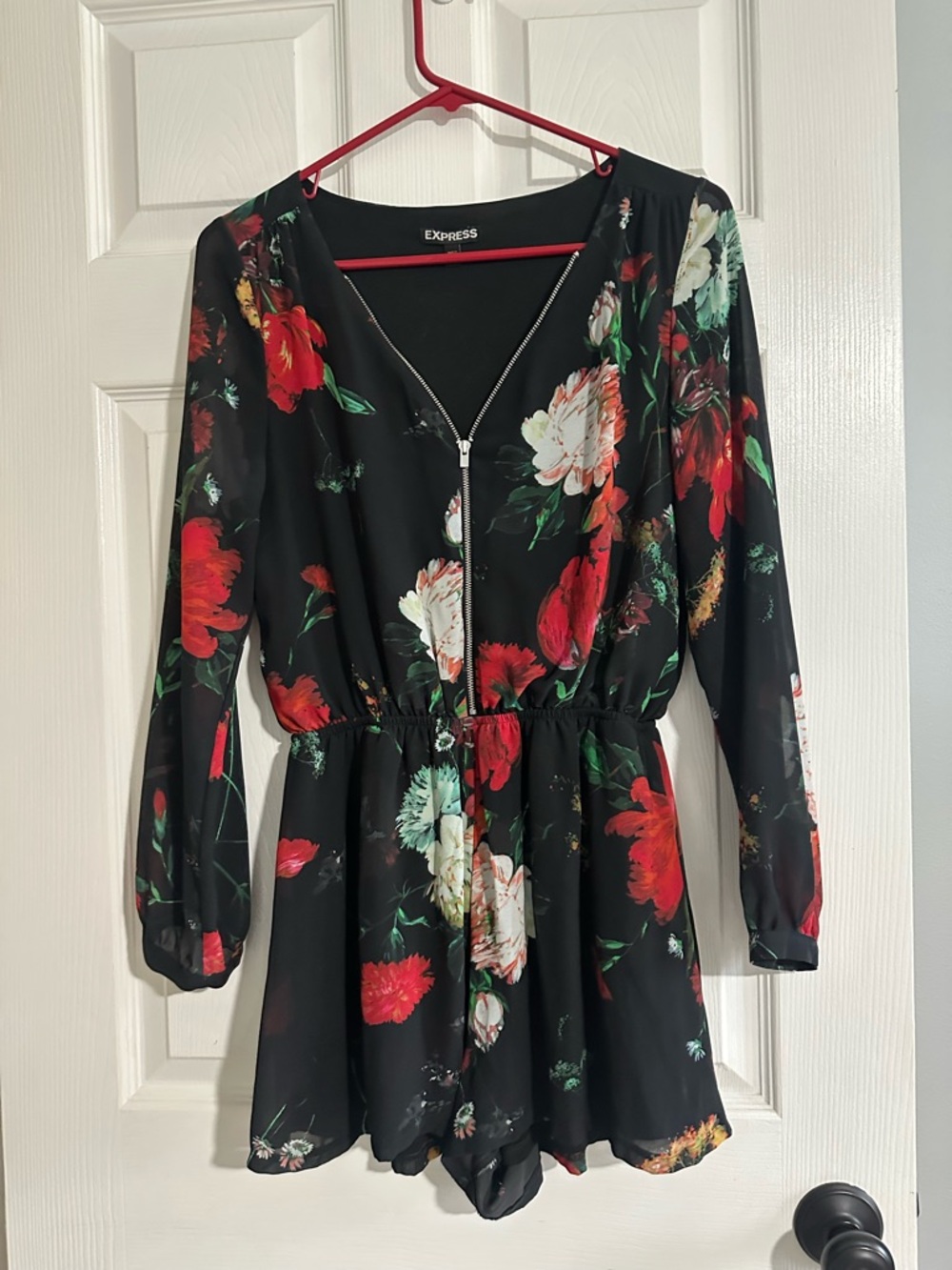 Express Black Floral V-Neck Long Sleeve Romper